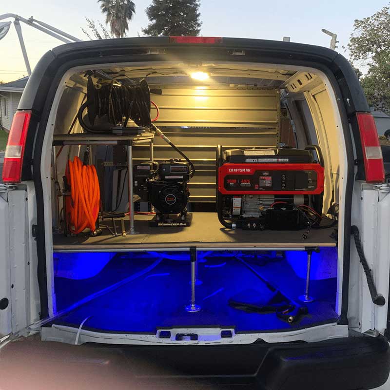 Mobile Detailing Business Setup In a Van With Storage And Lighting